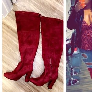 Red thigh high boots